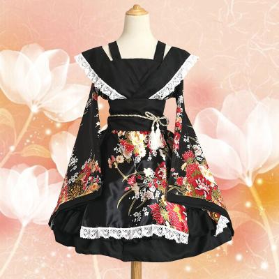 China Polyester Fashion Printed Japanese Lolita Dress Black Kimono Cosplay Costume Maid Employee Dresses 5 Pieces S-3XL for sale