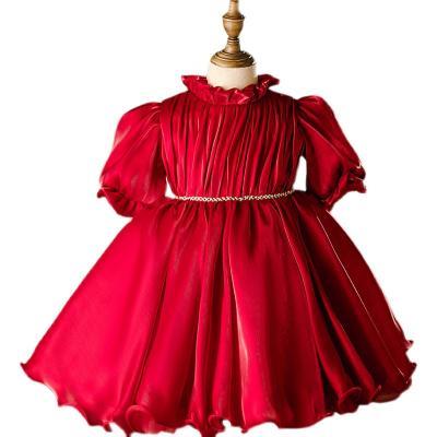 China Breathable Christmas Flower Kids Party Red Dress Girl Princess Dresses Show Gown Pearl Bowknot Clothes for sale