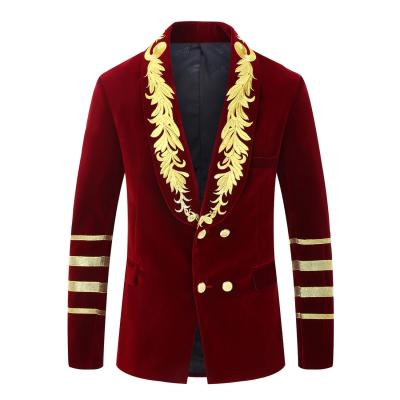 China Breathable Show Royal Singer Stage Jacket Men's Blue Velvet Series Embroidery Velvet Men Double Breasted Blazer for sale