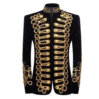 China Breathable Plus Size Mens Handmade Black Gold Embroidered Velvet Blazer DJ Singers Nightclub Suit Stylish Suit Jacket Stage Wear for sale