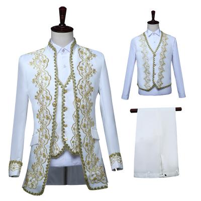 China Breathable Plus Size Black And White Prince William Baroque Embroidery Men Court Suit Singer Medieval Wedding Prom Three Piece Stage Suits for sale