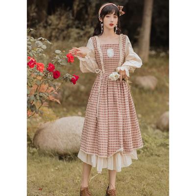 China Chic Women Retro Vestidos Faldas Autumn Spring Vintage Chinese Style Plaid Dress Mori Girl Square Collar Petal Sleeve Breathable Grassland for sale