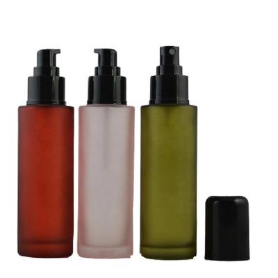 China Personal Skin Care Packaging Frosted Spray Bottle Matte Pink Olive Green Fine Mist Sprayer Emulsion Shoulder 100ml Glass Flat Empty Lotion Pump Bottle for sale