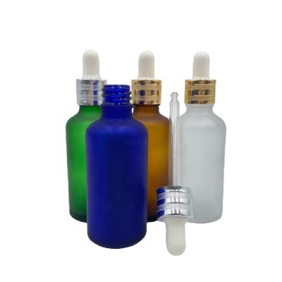 China 5~100ml Eco-friendly Recyclable Essential Oil Bottle Packaging Blue Green Clear Frosted Glass Dropper Bottle Sand Gold Collar Serum Drop Pipette Bottle for sale