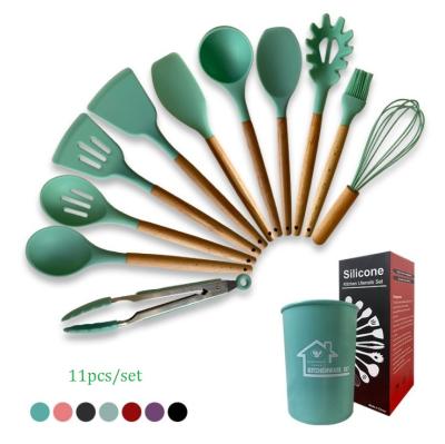 China Wooden Stocked Handle Silicone Kitchenware Set 11 Piece Cookware Set for sale