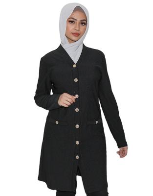 China Anti-wrinkle muslim knitted long sleeve and high waist black dresses fashionable gold button cardigan with decorated pockets for sale