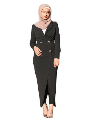 China New Fashion Maxi Abaya Women Muslim Coat Long Sleeve Tuxedo Cross Dress Full Length Center Thigh Slit for sale