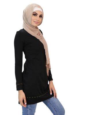 China Latest Women Anti-Wrinkle Basic Cotton Muslim Daily Wear Inner Tunic Tops Solid Color Islamic Blouse With Full Sleeve for sale