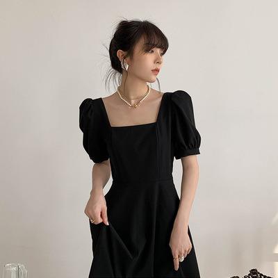 China 2021 Summer New Temperament Retro Hepburn Other Style Long Square Neck French Waist Little Black Dress for sale