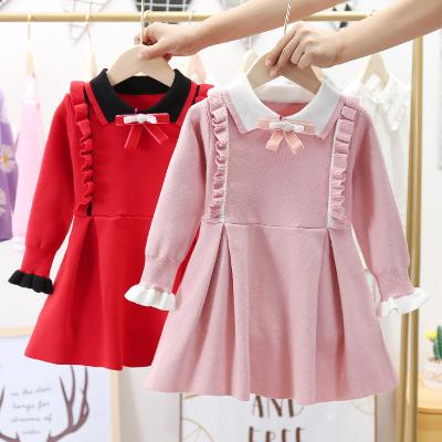 China 2022 new manufacturers washable girls dress ruffled cute bow brooch sweater dress baby suit waist dress for sale