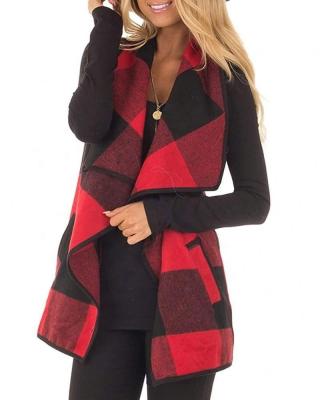 China Viable Women Invest Pockets Lapel Open Front Buffalo Plaid Sleeveless Cardigan Jacket Coat for sale