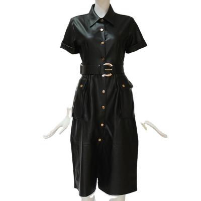 China European and American popular casual lapel PU shirt anti-static short-sleeved leather belted ladies dresses new hot sale for sale