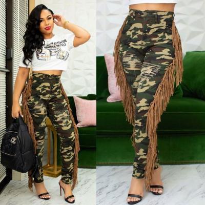 China Anti-pilling High Waisted Plus Size 3XL Women Sexy Fringe Camouflage Pants for sale