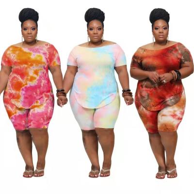 China Lady Waterproof Casual Tie Dye Printing Five Point Short Sleeve Panties Suits Summer Womens Two Piece Set 2 Plus Size Shorts Set for sale