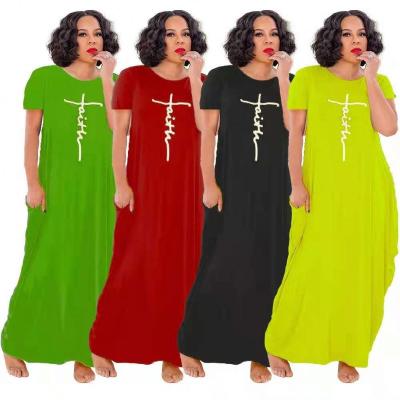 China New Fashionable Anti-wrinkle Summer Women Solid Color Letter Printing Loose Plus Size Casual Wear T-shirt Maxi Skirt Faith Dress for sale