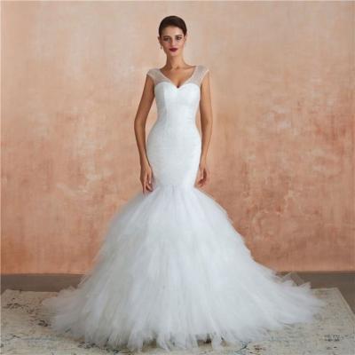 China Dry Cleaning White Ivory Color Beaded Sequins V Neckline Tulle Ruffles 2021 Plus Size Mermaid Wedding Dresses Real Photo Good Quality Bridal Gowns for sale