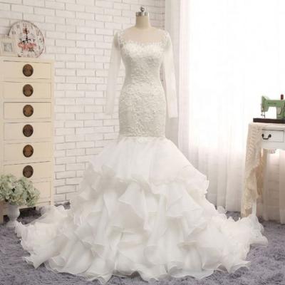 China Dry Cleaning Long Sleeve Lace Beaded Mermaid Wedding Dresses 2018 Real Photo Organza Ruffles Bridal Gowns for sale