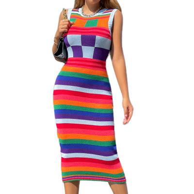 China Breathable Latest Knit Sleeveless Dress Color Blocking Dress Lady Casual Bodycon Midi Dress for sale