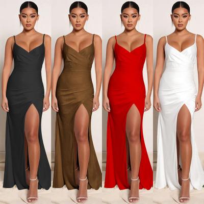 China Women Satin Spaghetti Strap Elegant Dress High Side Split Backless Dress Bodycon Maxi Dress for sale