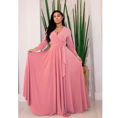 China Simple Viable Style V Neck Pleat Dress Lace Up Long Sleeves Dress Women Casual Maxi Dress for sale