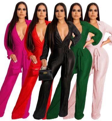 China Viable Sexy Women's Lapel Overalls Solid Color Solid Color Deep V Long Sleeve Jumpsuit Lady Pleated Jumpsuit for sale