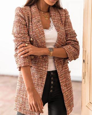 China Good Quality Viable Lady Plaid Print Blazer Coat Office Lapel Double Breasted Coat for sale