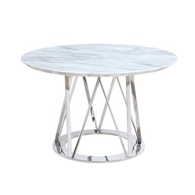 China Luxury Unique Dining Table Kitchen Dining Tables Round Stainless Steel Metal Frame Base Marble Silver Dining Tables for sale