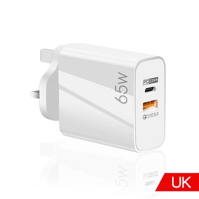 China Hot Selling Type-C Wireless Qi Charging Station 65W Gan Charger Charge Universal Wall QC3 PD Charger 2 Ports Mobile Phone Adapter For Computer US EU UK Plug portable for sale