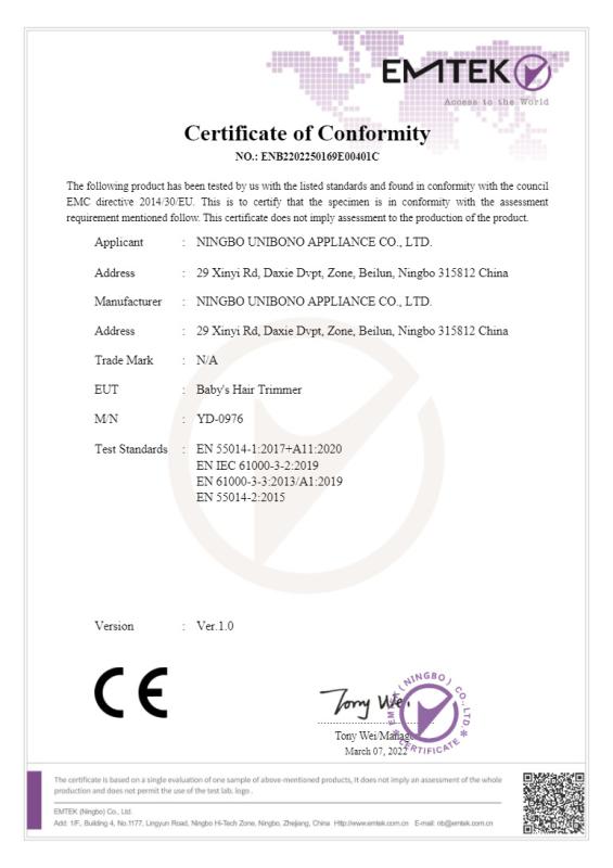 CE - Ningbo Unibono Appliance Co., Ltd.