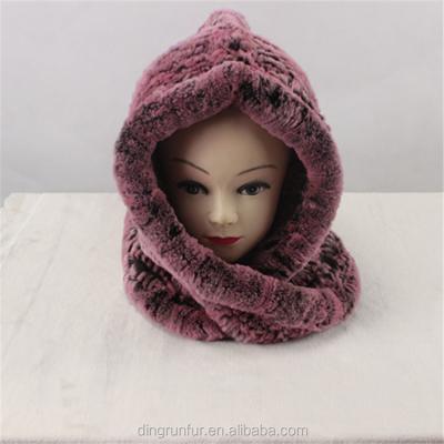 China China Supplier Cozy Real Fur Thick Knitted Scarf With Hood Natural Rabbit Fur Hat for sale