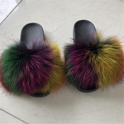 China Real Raccoon Fur Slippers Natural Mixed Color Fur Slippers Fur Slides for sale