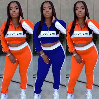 China New Color Contrast Zipper Crop Women Lapel Collar Sweatshirt And Set Two-Piece Tracksuit Stylish Letter Printed Leggings Tops QUICK DRY for sale