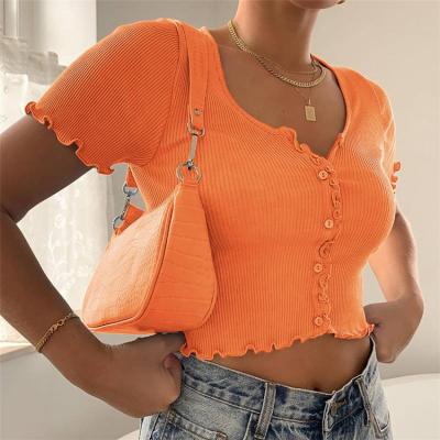 China 2021 Fashion Trends New Summer Anti-wrinkle Women's Short Sleeve V Neck Crop Solid Color Rib Button Tops Tie Dye T-shirt D98014 for sale