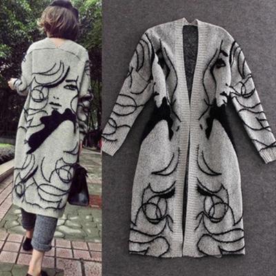 China Hot Selling Beauty Head Print Knee Woman Mohair Cardigan Sweater Open Front Coat Winter Anti-Shrink Long Knit Sweater Women Cardigan for sale