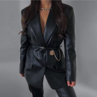 China Breathable 2021 Autumn Coats Leather Jacket Long Sleeve Button Black Solid Color Leather Blazer Women for sale