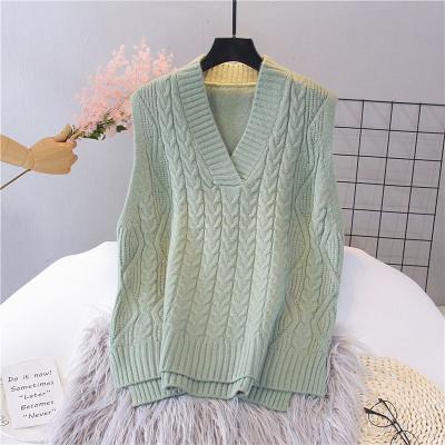 China Anti-wrinkle Women's V-Neck Knitted Sweater Solid Color Loose Striped Twist The Main Sweater Sleeveless Vest 2021 for sale