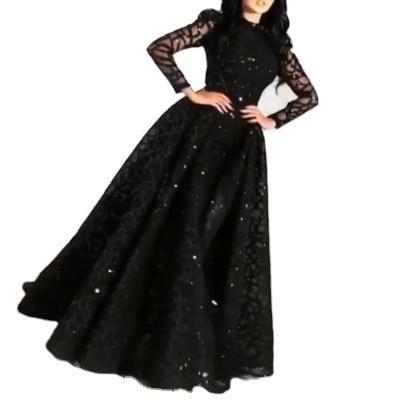 China New Design Anti-Static Ladies Lace Up Evening Dress Black Sequin Ball Gown Elegant Long Sleeve Evening Dress for sale