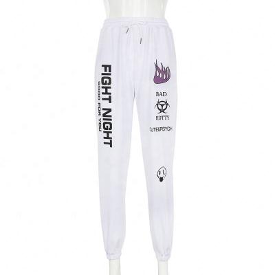 China 2021Women Breathable High Waist Casual Drawstring Jogger Pants Loose White Letter Graffiti Printed Sport Harem Pants for sale