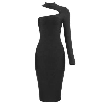 China Black Halter One Shoulder Anti-Wrinkle Bandage Bodycon Women Long Sleeve Evening Dresses for sale