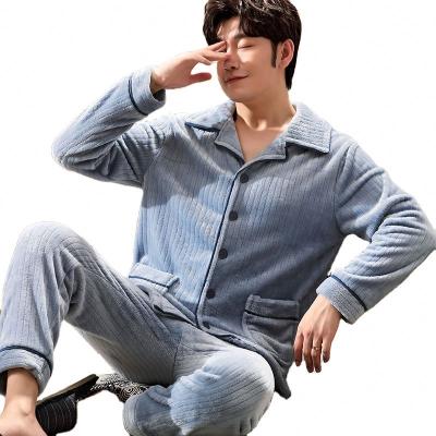 China 2021 Good Quality Mens Flannel Pajamas Warmth Set Winter Long Sleeve Sleepwear With Button 2 Pieces Skin-friendly Warm Nightgowns Set for sale