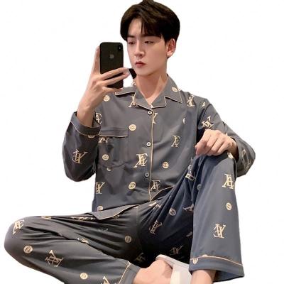 China Lapel Thermal Mens Pajamas With Buttons Loungewear Long Sleeve Pants 2Pcs Sets Korean Sleepwear Fashion Cartoon Men Nightgowns for sale