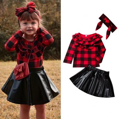 China 2021 Autumn/winter little girls casual clothing sets fashion kids long sleeves plaid shirt+Leather skirt+Headband 3Pcs baby outfit for sale