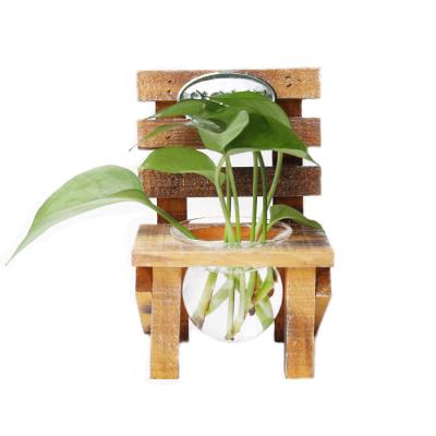 China Daily Life Handmade Classic Wooden Chair Plant Vase Plant Terrarium Glass Stand for sale