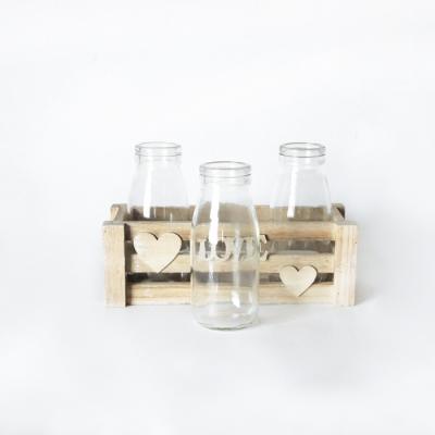 China Factory CLASSIC High Quality Natural Wooden Bottle Box 3 PC Clear Glass Bottle Flower Vase for sale