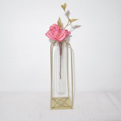 China Modern Glass Desktop Planter Tube Decoration Glass Vase With Metal Stand for sale