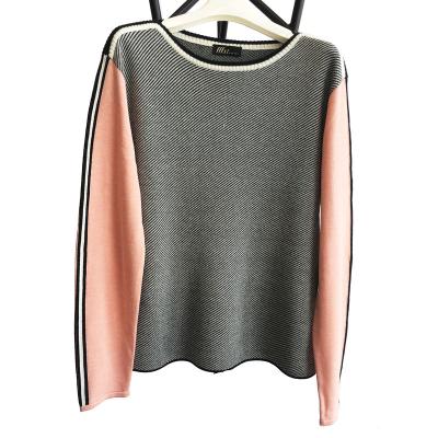 China Anti-wrinkle women's pique jacquard contrast color stripe shoulder cotton sweater crop tops knitted sweater for sale