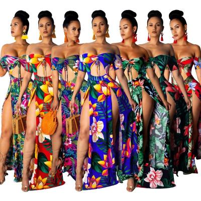 China 2020 Summer Women's Sexy Dress Anti-Static Printing Strapless Dress With Split Sleeves Beach Dress for sale