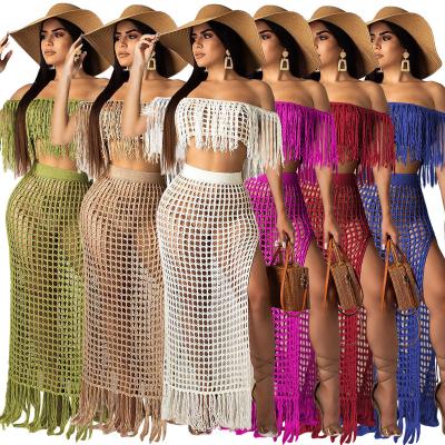 China 2020 hot sale women off-shoulder cutout dress anti-static sexy ladies high split knitted beach dress for sale