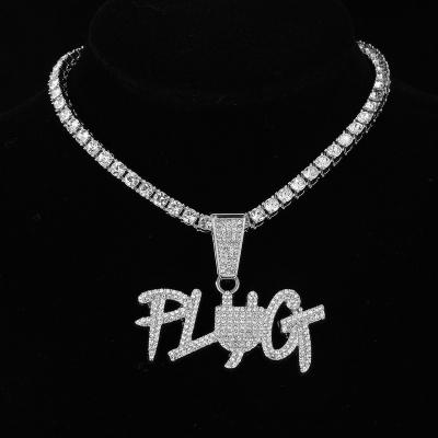 China Hiphop DE Sales Fashion Crystal Plug Letters Pendant Necklace with Iced Out Rhinestone Zinc Alloy Tennis Chain Jewelry for Men for sale