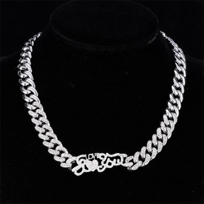 China Trendy Fashion Hiphop Fashion Jewelry Iced Out 13mm Bling Heart Shape Creative Alloy Cuban Chain Crystal Necklace for sale